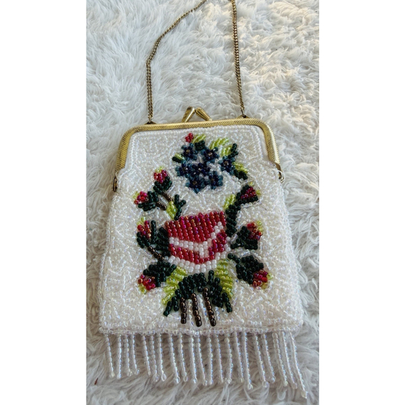 Vintage Floral Hand Beaded Fringe Chain Strap Tiny Seed Evening Purse Flapper - Picture 2 of 16